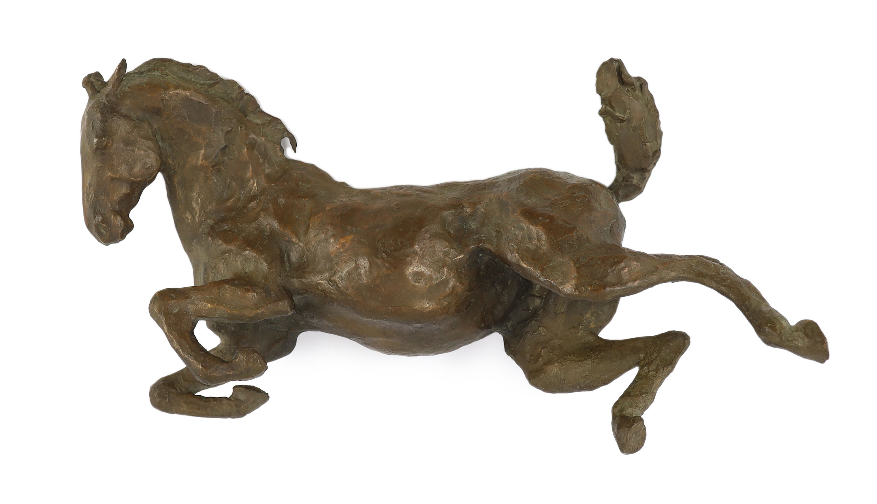 Lissa Borkowski (b.1949). A bronze model of a recumbent foal, 54cm long, 28cm deep, 22cm high